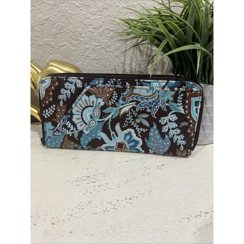 Vera Bradley Java Blue Travel Organizer Wallet Passport Brown Teal Zip Large